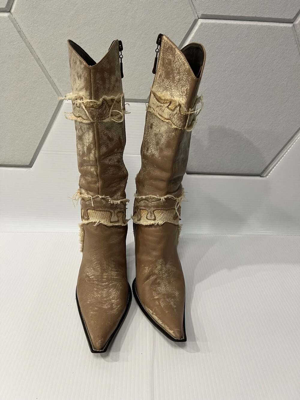 Vintage Italian Distressed Leather and Burlap Western Boots - Picture 3 of 6
